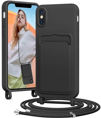 BENTIACC Handykette Silikon Hülle für iPhone X/XS mit Band, Handyhülle mit Kartenfach, Abnehmbar Kordel Kette, Stoßfeste Schutzhülle für iPhone X/XS (Schwarz)
