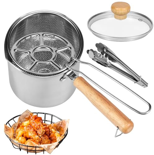 Deep Fat Fryer Pot 1.2 litre Stainless Steel Fryer with Basket and Lid Deep Oil Fryer Pan with Wood Handle for Fries Fish Shrimp Chicken Wing Mini Chip Pan Fryer Bacon Grease Container Oil Container