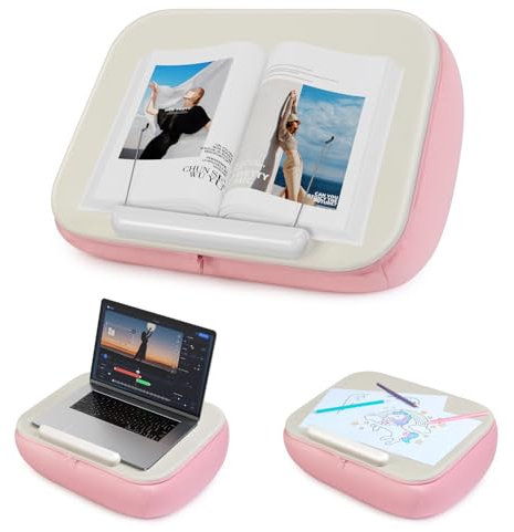 Elitehood Laptoptisch-Kissen – Weicher Schoßtisch für Bett & Couch, Pink Mit Buchhalter – Ideal für Laptop bis 17, Tablet & Bücher –Waschbar Perfekt für Homeoffice, Schüler & entspanntes Lesen