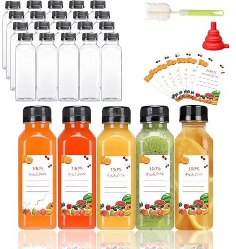 Kiswleon 16oz/480ml Plastic Juice Bottles with Lids 20PCS,Empty Mini Water Bottles with Label, Funnel and Brush,Reusable Bulk Beverage Drink Containers for Smoothie,Fridge,Juice