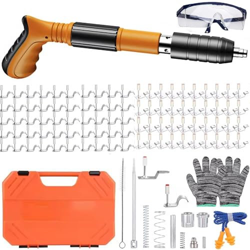 Nailer, concrete nailer, nail gun, portable nail gun, 50 clamping nails for tubes and 50 hook nails, plastic box with 5 silent double gears, for cement wall (orange)