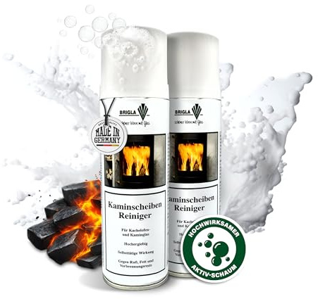 Brigla Premium Kaminscheibenreiniger Aktiv-Schaum Spray 2x300ml Set Extra Stark – Kaminreiniger gegen hartnäckigsten Ruß/Schmutz an Ofenscheiben – Ofenglasreiniger/Ofenreiniger Glas Made in Germany