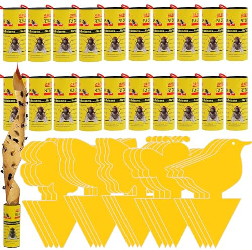 Onlvmyur 20 Rouleaux Attrape Mouche Collant et 20x Autocollant Jaune Plante Anti Moucherons Interieur Exterieur Pièges à Insectes pour Les moustiques et Autres Insectes Volants