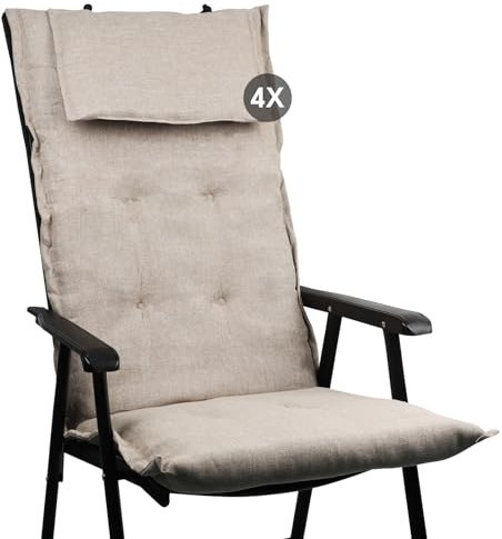 slaaviinoo Gartenstuhlauflagen Hochlehner 4er Set - Ideale 6 cm Dicke Sitzauflagen - Mit Kopfpolster - Oeko-TEX Zertifiziert - UV-beständig - Auflagen für Gartenmöbel - Wüstensandgelb