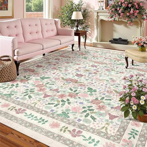 Blumen Teppich 200x230cm Beige Rosa Vintage Boho Waschbar Rutschfest Wohnzimmerteppich Weiche Kurzflor Farbenfrohe Dünne Schlafzimmer Bodenmatte Für Esszimmer Spielzimmer Kinderzimmer Bauernhaus