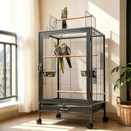 xixi-home Vogelkäfig Vogelkäfig mit offenem Dach 46 * 46 * 77cm | Papagei Vogelkäfig abnehmbare Palette mit Standbar und Nahrungsmittelbox, mit Rädern abnehmbar,Schwarz-B