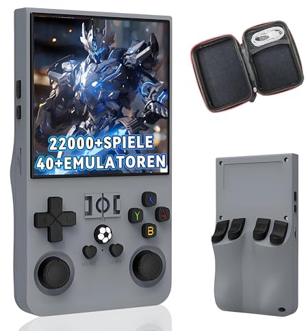 R36MAX Tragbare Handheld Emulator Konsole 128G, Retro Video Spielkonsole mit eingebauten 22000+ Retro Spiele 40+ Emulatoren, Open Source Linux System 4.0 Zoll IPS HD Bildschirm, 3D Joystick (Grau)