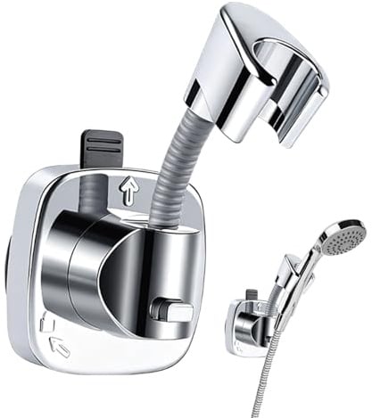 Lueden Suction Shower Head Holder 360° Adjustable Shower Bracket with Hook | No Drill Wall Mount Handheld Showerhead Hose Bracket Tool-Free Removable Shower Head Hanger for Bathroom, Chrome Silver