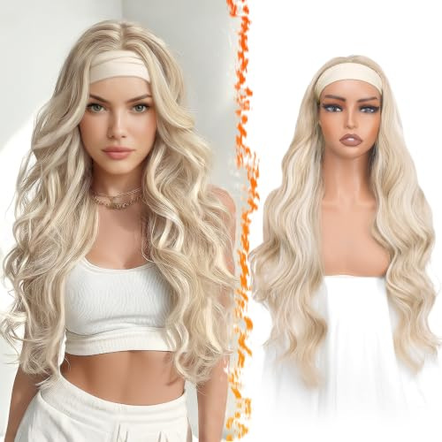 BARSDAR Body Wave Stirnband Perücke, 66cm Lange Lockere Gewellte Synthetisches Blond Highlight Stirnband Perücke für Damen Natürliches Aussehen Perücken Einfaches Tragen Stirn Band Leichtes Perücken