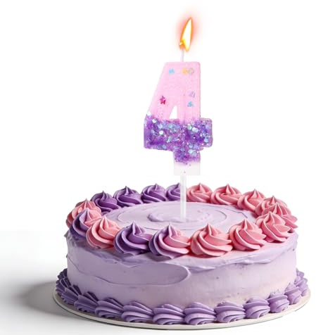 Candela di Compleanno Numero, Candela di Compleanno con Glitter Rosa e Viola Decorazioni per Torte a Tema Musicale Divertente Adatte a Bambini Adolescenti e Adulti (Numero 4)