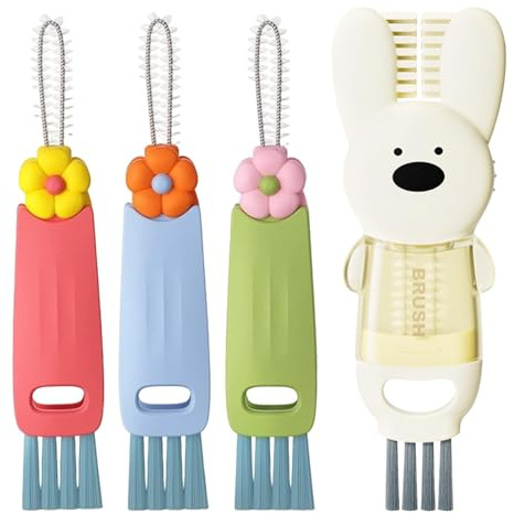 Vexorlian 3-in-1 Cup Lid Gap Cleaning Brush Set – 4 PCS Multifunctional Water Bottle & Crevice Cleaning Brush for Tight Spaces, Home Kitchen Use (3 Petal-Shaped + 1 Rabbit-Shaped U-Brush)