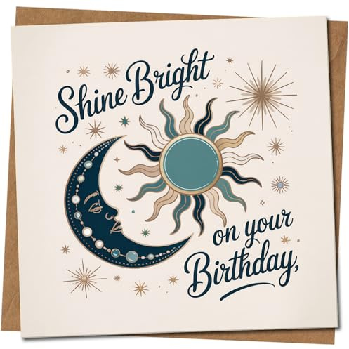 Shine Bright on Your Birthday Karte, Motiv: himmlische Sonne und Mond, Sterne, quadratisch, 145 x 145 mm, inkl. Kraftumschlag