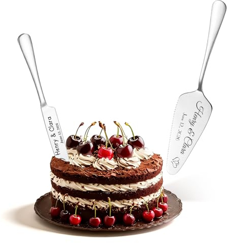 WBW Set de corte personalizado para cortar la tarta de boda，cuchillo y tenedor para tarta con grabado personalizado ideal para aniversarios, recién casados (Juego de 2 piezas plateado)