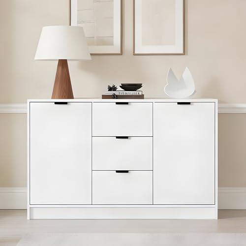 Home Source Phoenix Sideboard with 3 Drawers & 2 Doors – White MDF, Silver Metal Handles - 120W x 39D x 76H cm - Living Room Cabinet