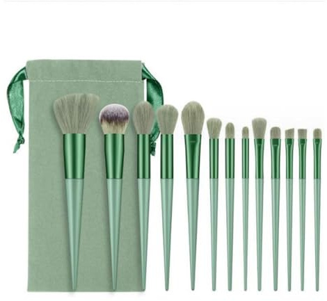Makeupborstset 13 st fluffigt och slitstarkt syntetiskt fiber sminkborstset, pulverögonskuggor, grön