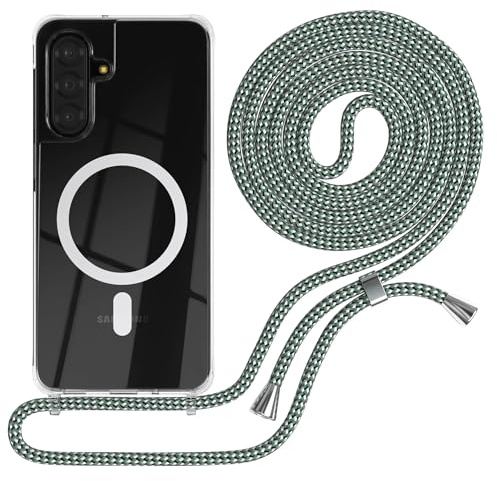 EAZY CASE - Handykette kompatibel mit Galaxy A17 Kette zum Umhängen Stoßfest Handyhülle für Galaxy A17 Silikon Hülle Band Handytasche Transparent als Fallschutz in Hell Grün Camouflage - Clips Silber