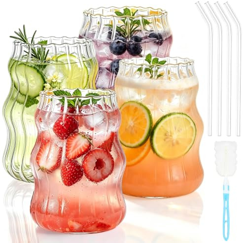 Kokoie 4 Pcs Ribbed Glass Cups, 530ml Iced Coffee Glasses