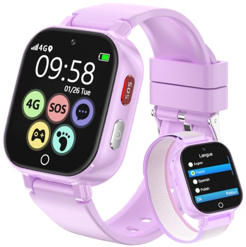 Alutoria Smartwatch Bambini-Orologio Bambina con 4G GPS | Telefono Videochiamata Chat Vocale Contapassi SOS Sveglia-Smart watch per Ragazza e Ragazzo 4-12 Anni Regalo Viola