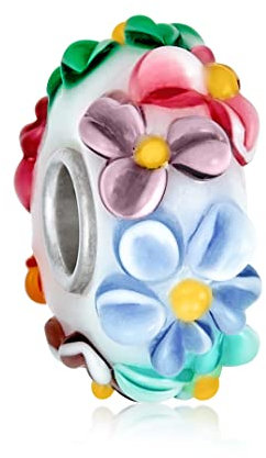 Perle De Charme Fleur Multicolore En Verre De Murano 3D Blanc Rose Bleu Vert Pour Femme Adolescente Compatible Avec Bracelet Européen. Noyau En Argent Sterling .925