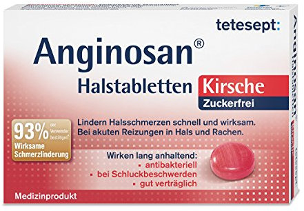 tetesept Anginosan Halstabletten Kirsche - zuckerfrei – Antibakterielle Halsschmerztabletten gegen akute Reizungen in Hals & Rachen – 5 x 20 Stück