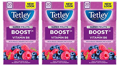 Tetley Super Fruits Boost - Confezione da 20 bustine di tè al mirtillo e lampone, confezione da 3