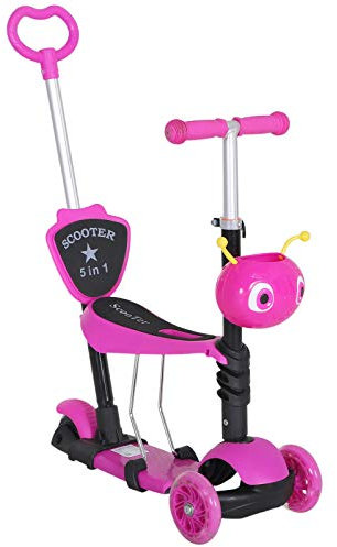 HOMCOM 5 in 1 Kids Scooter 3 Wheel Toddler scooter Kick Scooter with Adjustable Handlebar, Removable Seat & Back Rest for 18 Month+, Pink