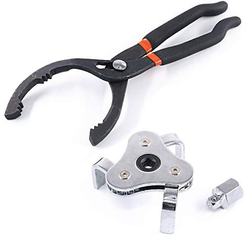 Glarks Universal Oil Filter Wrench Set, A 12-Inch Long Handle Grip Pliers with A 3 Jaw 2-Way Remover Tool, Adjustable Oil Filter Wrench for Car, Motorcycle and Trucks Use