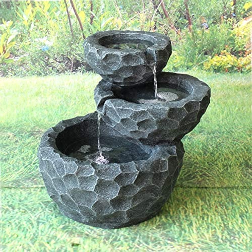 MP Essentials Garden Outdoor Solar Powered 3 Layer Grey Stone Rocks Water Fountain