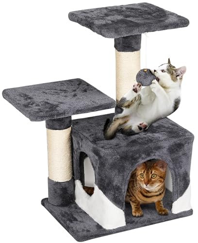 Yaheetech 69cm Cat Tree Tower w/2 Sisal Scratching Posts Basic Cat Climbing Tree for Indoor Small Cats, Dark Grey/White