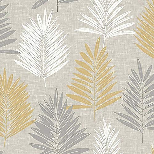 Linen Palm Ochre and Grey Wallpaper White Metallic Y�L