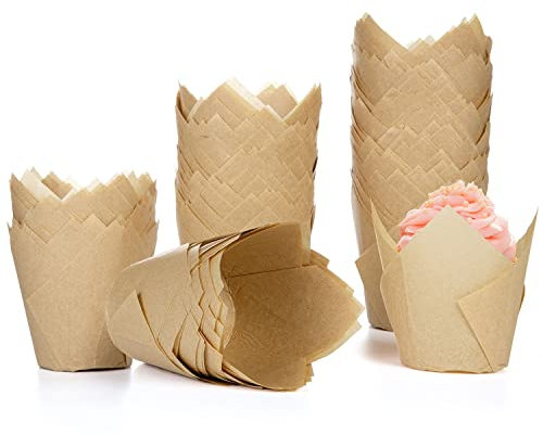 Diealles Shine 200 Stück Tulpen-Backförmchen, Backpapier Schalen Papier Cupcake Wrapper Kuchen Cup Einlagen Papierförmchen für Dessert Muffins, Natürlich