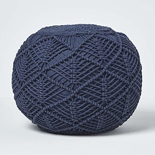 Homescapes Häkel-Pouf, dunkelblau, rundes Bodenkissen 35 x 40 cm in Boho Style, dekorativer Fußhocker in Makramee-Optik, gehäkelter Puff aus 100% Baumwolle, Häkelpuff/Strickhocker,blau