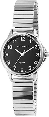 Just Watch Damen-Uhr Edelstahl Zugarmbanduhr gut lesbar silberfarbig schwarz 19,5cm ⌀29mm 14mm breit Geschenke für Frauen