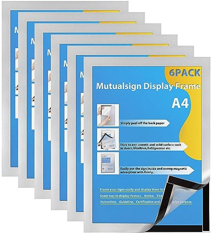 Mutualsign Magnetrahmen Info-Rahmen A4 Selbstklebender 6 Stück Magnettasche Informationsrahmen magnetisch, Wand und Fenster Info-Rahmen, Silber