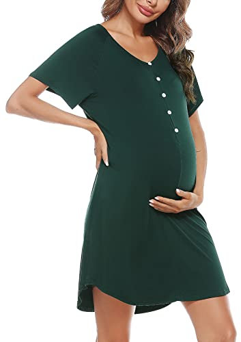 Uniexcosm Chemise de Nuit Femme Été Robe de Nuit Femme Coton Chemise de Nuit Allaitement Maternité Manches Courtes Col en V avec Bouton Devant Ouvert Vert Foncé L
