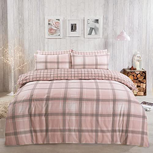 DREAMSCENE Bettwäsche-Sets, kariert, Bettbezug mit Kissenbezug, 100 Prozent gebürstete Baumwolle, Biber, Tartan, Sommerbettwäsche Rosa135 x 200 cm