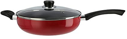 LEVELONE Bratpfanne 28 cm | Aluminium Schmorpfanne mit 2-lagiger Antihaftbeschichtung Rot | inklusive Glasdeckel, Doppelgriff - perfekt zum Servieren aller Speisen