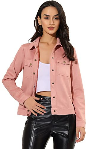 Allegra K Veste femme en simili daim avec col rabattu et poches à rabat Rose XL