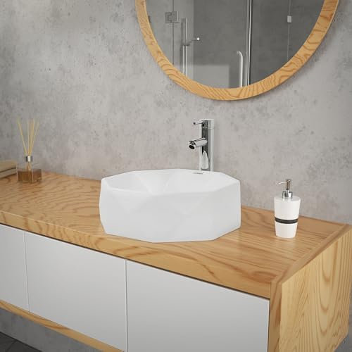 ML-Design Lavabo Sobre Encimera, Ø 42x13,5 cm, Cerámica, Diseño Diamante, Lavadero Blanco Brillante, Lavamanos Sobremesa Sanitario Baño o Aseo, Moderno y Elegante, Pila Común sin Válvula de Desagüe