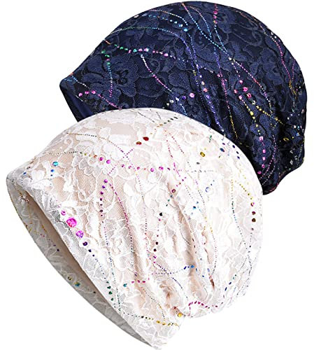 WULIQIUQIU Chemo-Mütze aus Spitze für Damen, Turban, Krebs, Slouchy Hat, A-Weiß + Marineblau, Einheitsgröße
