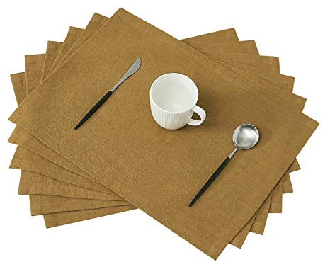 Berklan Leinen Tischsets Platzsets 45 x 30 cm 6er Set 80% französischer Flachs 20% Baumwolle Weich Langlebig Waschbar Erdiges Gelb