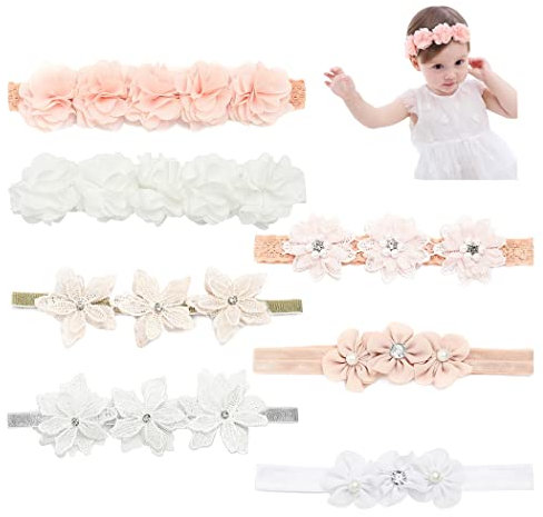 IYOU Baby Mädchen Stirnband Blumen Rosa Haarband mit Grosgrain Schleife Kopfbedeckung Party Hochzeit Fotografie Haarschmuck zum Kinder((Packung mit 7)) (Rosa2)