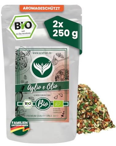 Azafran BIO Aglio e Olio Peperoncino – italienisches Pasta Gewürz 500g | Italienische Gewürzmischung für Spaghetti mit Knoblauch, Olivenöl und Chili – in 10 Minuten wie in der Trattoria