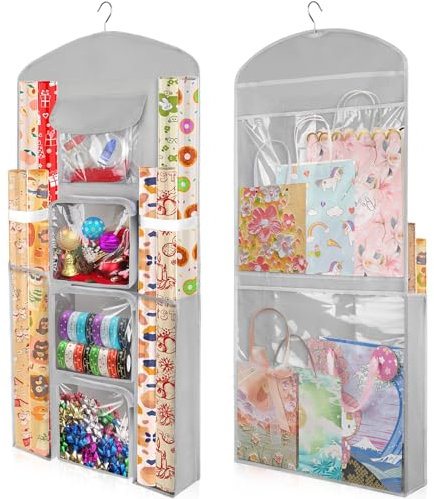 Geschenkpapier-Aufbewahrung, zum Aufhängen, 101,6 x 43,2 cm, grau, doppelseitig, Weihnachtsverpackungsbehälter, Oxford-Bastelrollen-Organizer, Geschenkpapierhalter für Schlafzimmer