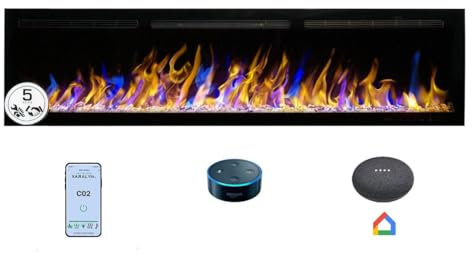Mystflame Crystal 72 with WiFi – Electrical Fireplace, Recessed and Wall Mounted, 183 cm, 3 Colours of Wood and Flames, Thermostat 750/1500 W, Smart Home Control via Alexa and Mobile App