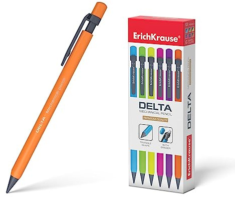 Erich Krause Druckbleistift HB 0,5mm mit Radiergummi 12 Stück - Neon Bleistift Set für Büro Schule und Hobby - Minenstift zum Zeichnen Skizzieren Schreiben