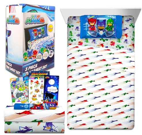 PJ Masks Bettwäsche-Set für Kleinkinder, Set mit PJ Masks Bettlaken mit Bettlaken, Spannbetttuch und Kissenbezug für Doppelbett plus Aufkleber, mehr | PJ Masks Sheets Twin