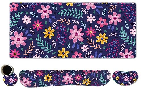 ToLuLu Extended Gaming Mouse Pad, Memory Foam Ergonomic Keyboard Mouse Wrist Rest Support Set, Large Desk Mat with Stitched Edges, Non-Slip Base Mousepad for Home Office Game Study, Purple Flowers