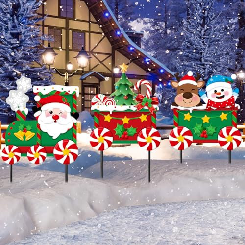 Drydiet Lot de 3 panneaux de cour de Noël en métal avec piquets pour Noël, vacances, jardin, pelouse, allée (style train)