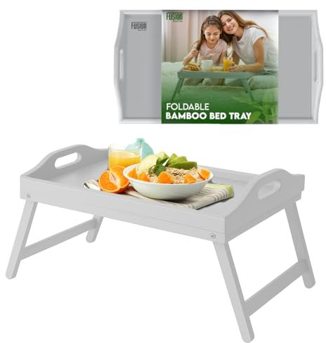 Fusion Food Bamboo Bed Tray Table With Foldable Legs & High Edges Multipurpose Lap Desk Free Standing Wooden Desk For Breakfast In Bed Sofa Snack Trays Strong Durable Laptop Stand Easy to Clean